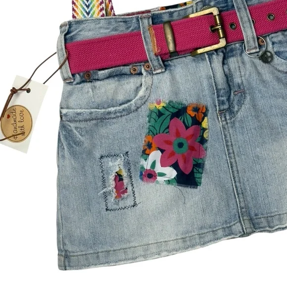 Handmade Upcycled Denim Floral Patch Mini Skirt Rainbow Strap Shoulder Bag - Picture 7 of 13